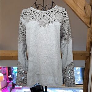 Time for Me Lace Yoke Long Sleeve Tee - Light Gray
100% Cotton